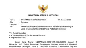 Tindak Lanjut Laporan Pemberhentian Aparat Desa, Ombudsman RI Warning Pemkab Gorontalo