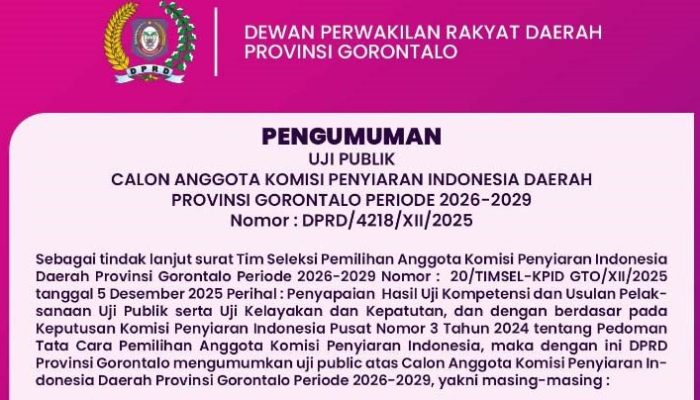 Deprov Gorontalo Buka Uji Publik Calon Anggota KPID Periode 2026–2029