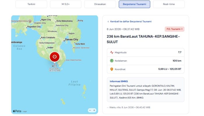 Gempa M 7,7 di Laut Tahuna Picu Peringatan Tsunami, Gorontalo Utara Masuk Daftar Wilayah Siaga